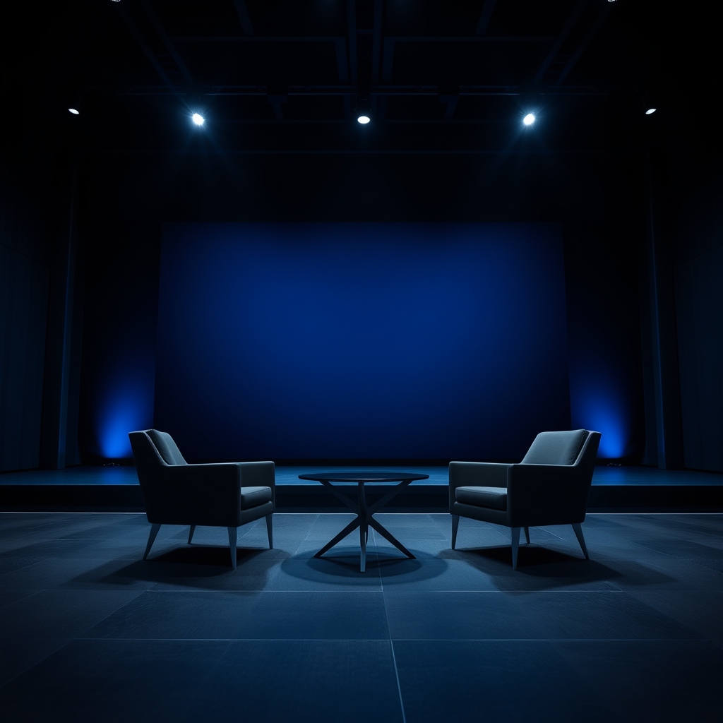 Modern conference keynote stage with dark blue LED backdrop