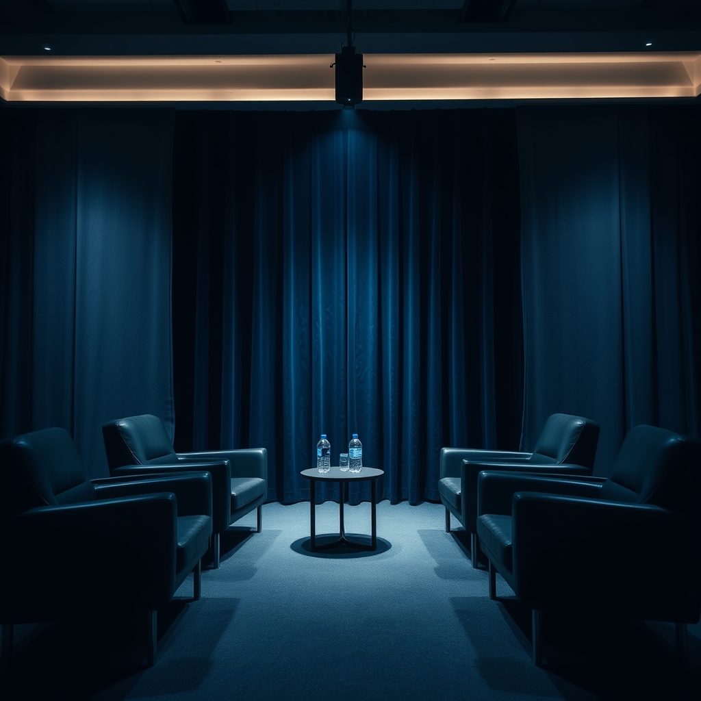 Panel stage with four leather armchairs and navy velvet backdrop